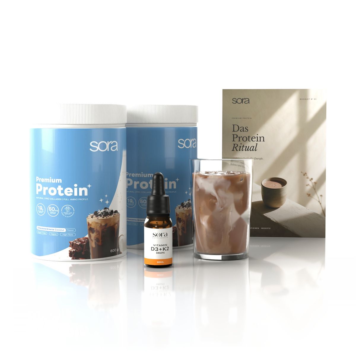 sora Premium Protein Bundle: 2 Dosen Chocolate Brownie Coconut, Vitamin D3+K2 Tropfen, Booklet Das Protein Ritual und Iced Shake