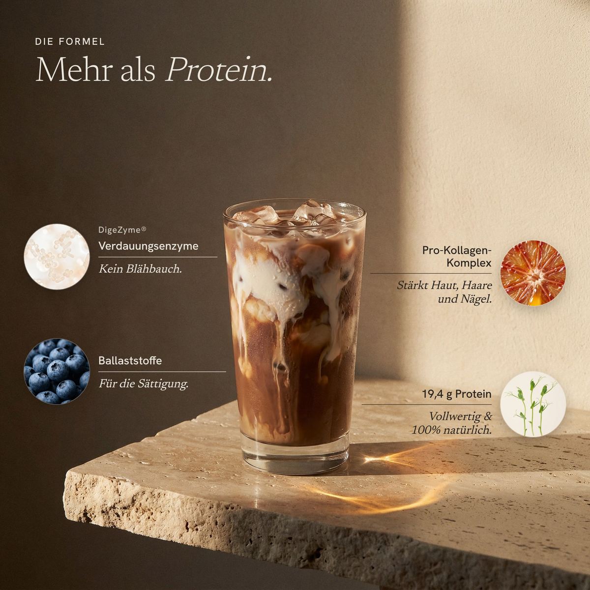 Die Formel von sora Premium Protein: DigeZyme Verdauungsenzyme, Ballaststoffe, Pro-Kollagen-Komplex und 19,4 g Protein pro Portion