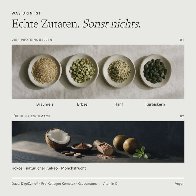 Echte Zutaten: vier Proteinquellen Braunreis, Erbse, Hanf und Kürbiskern sowie Kokos, Kakao und Mönchsfrucht
