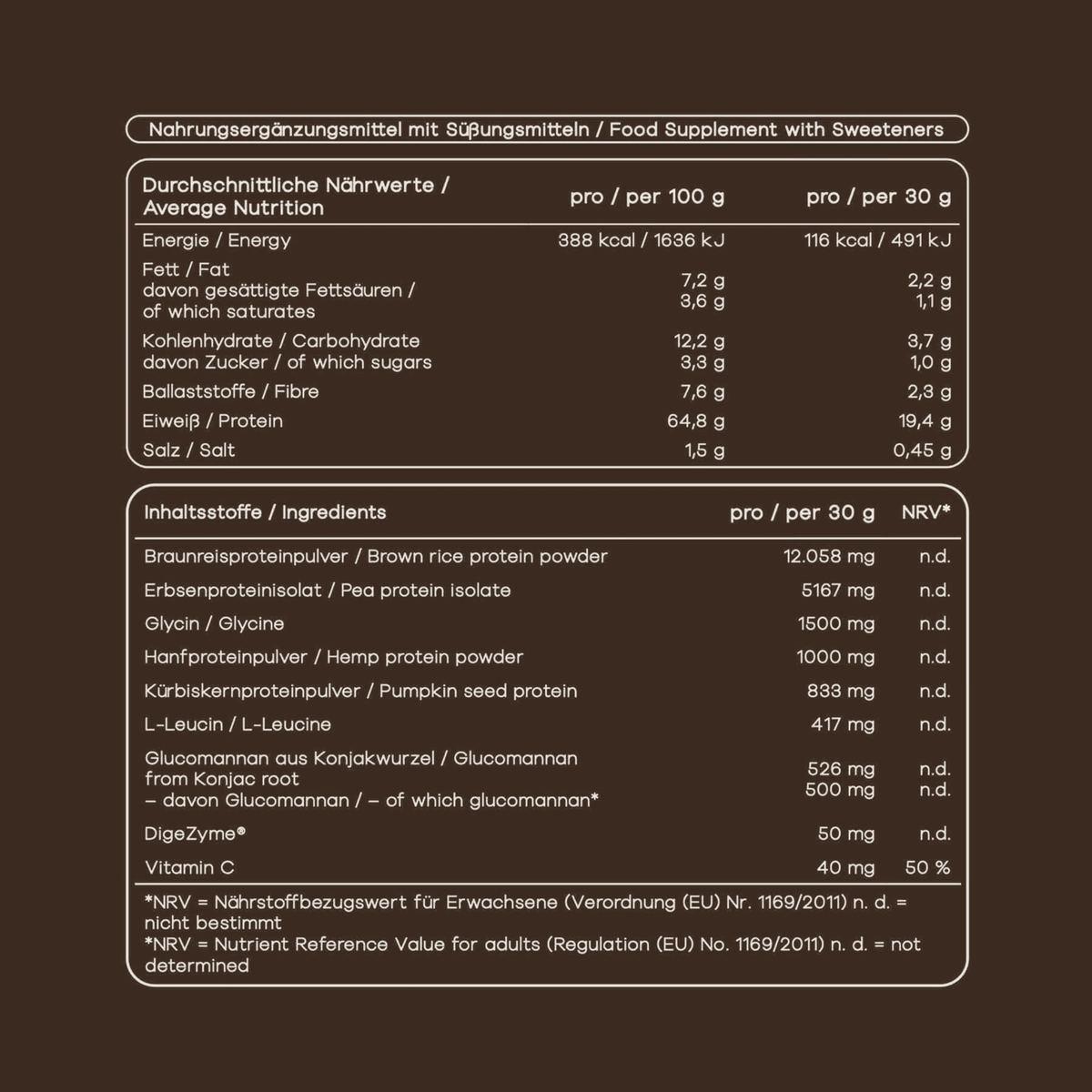 Nährwerttabelle sora Premium Protein: 19,4 g Protein pro 30 g Portion, Inhaltsstoffe mit NRV